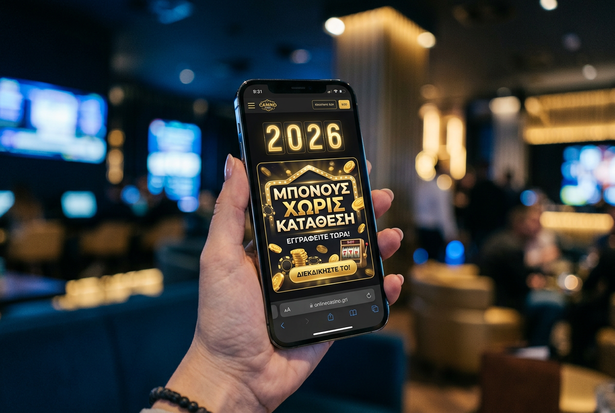 A modern smartphone screen showing a Greek online casino bonus offer for 2026.