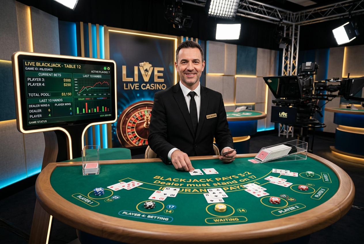 A professional live dealer at a casino table with a digital interface